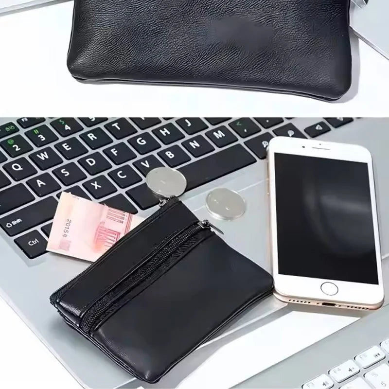 Black Leather Mini Coin Purse – Zipper Wallet & Key Card Holder for Men & Women
