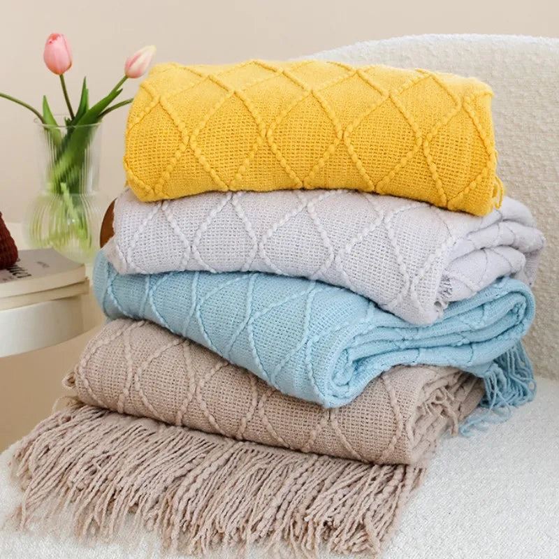 Knitted Acrylic Throw Blanket with Tassels – Chunky Farmhouse Style, 28 Colors & 2 Sizes