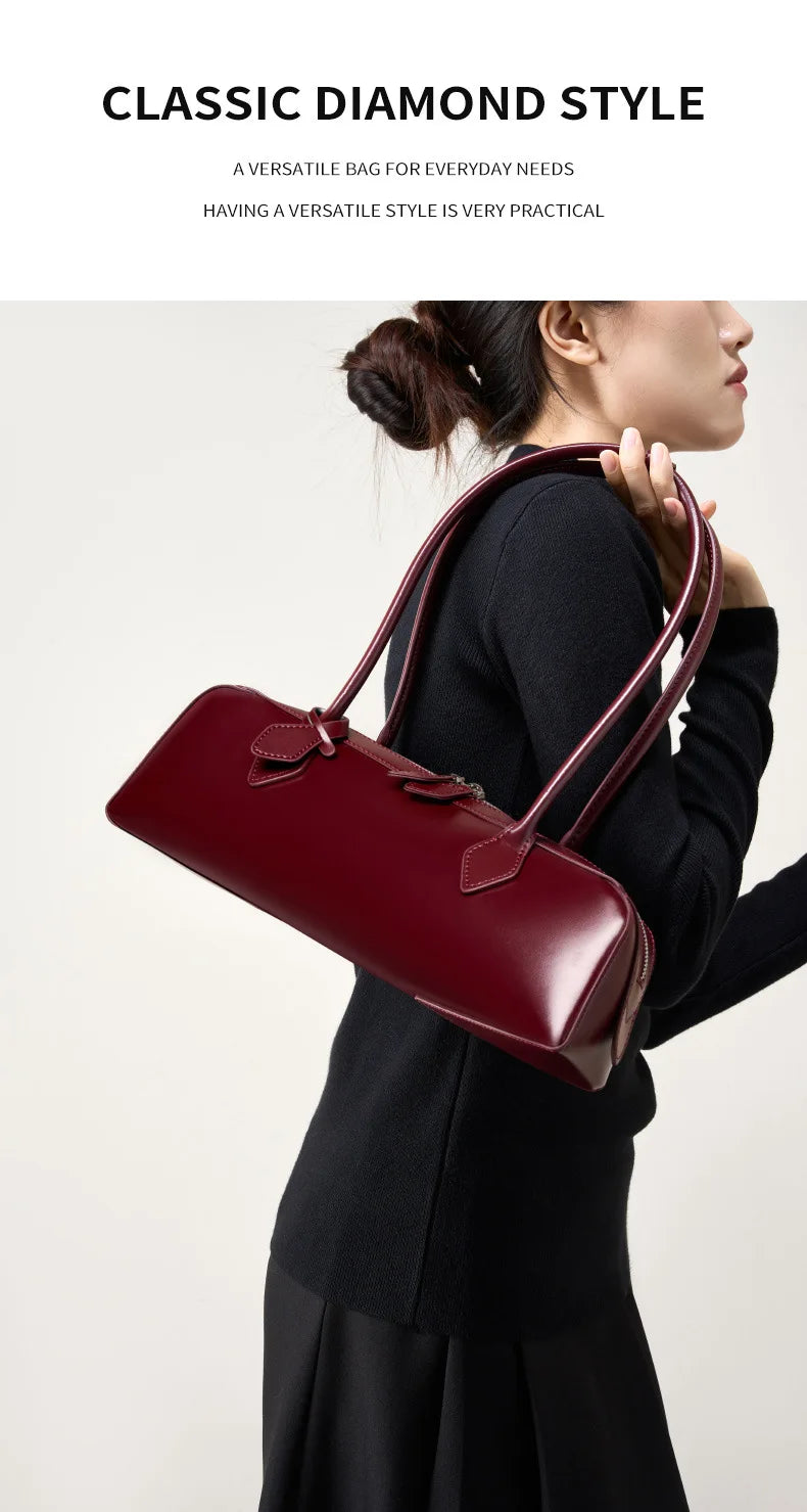 Vintage Genuine Leather Baguette Shoulder Bag – Korean Luxury Underarm Handbag for Women
