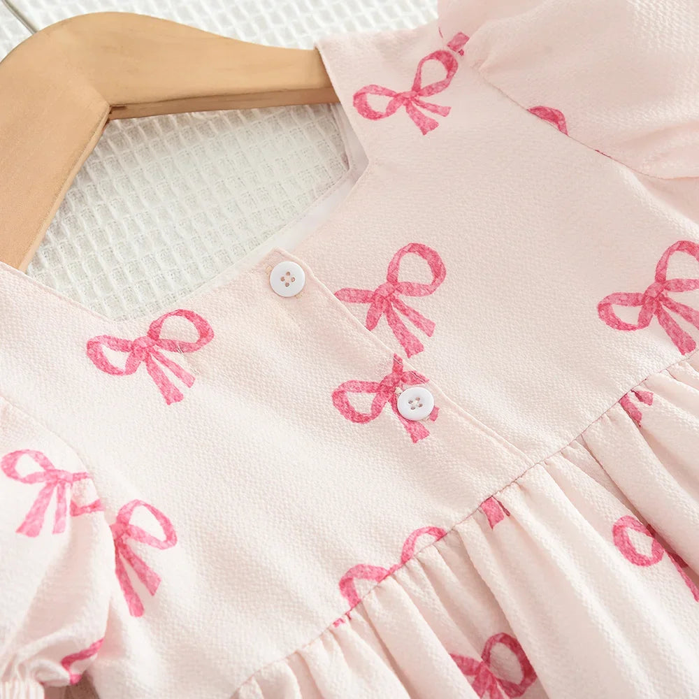 Bow Print Girls Casual Dress — Short Sleeve Sweet Summer Dress (3–7 Years)