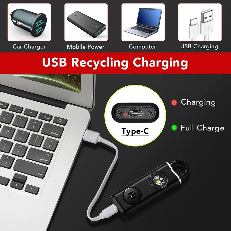 130dB Personal Safety Alarm Keychain with LED Light – Rechargeable Self Defense
