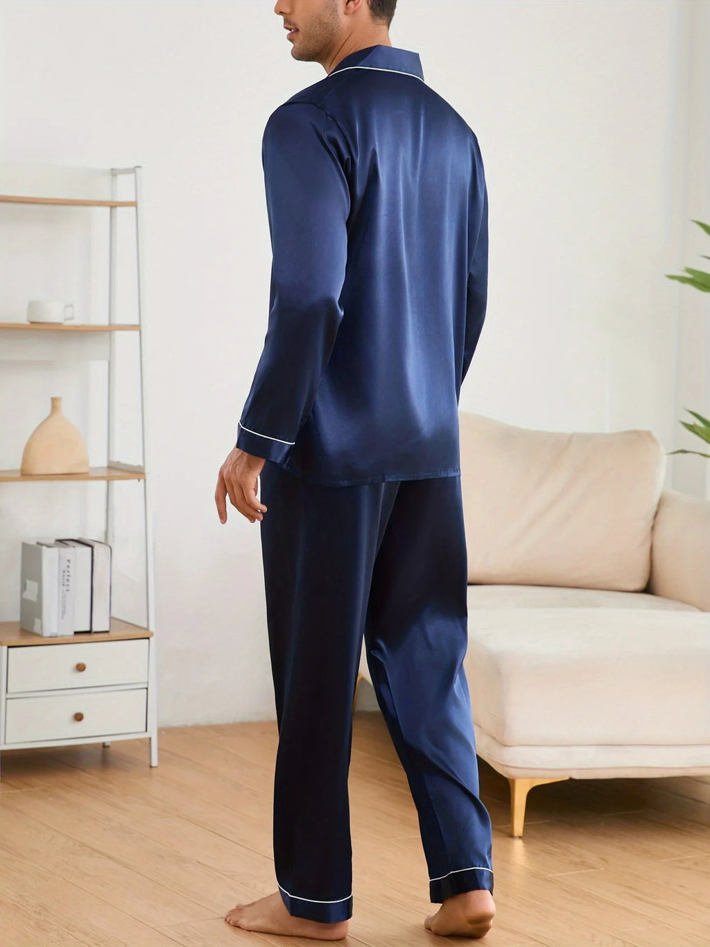 Men's Luxury Contrast Trim Pajama Set — Long Sleeve Top & Pants