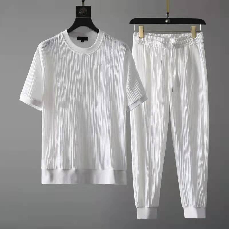 Men's Elastic Pleated Short-Sleeve & Nine-Point Pants Set – Breathable Summer Suit