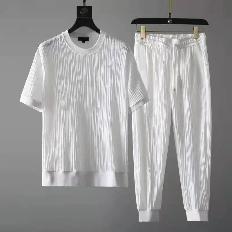 Men's Elastic Pleated Short-Sleeve & Nine-Point Pants Set – Breathable Summer Suit