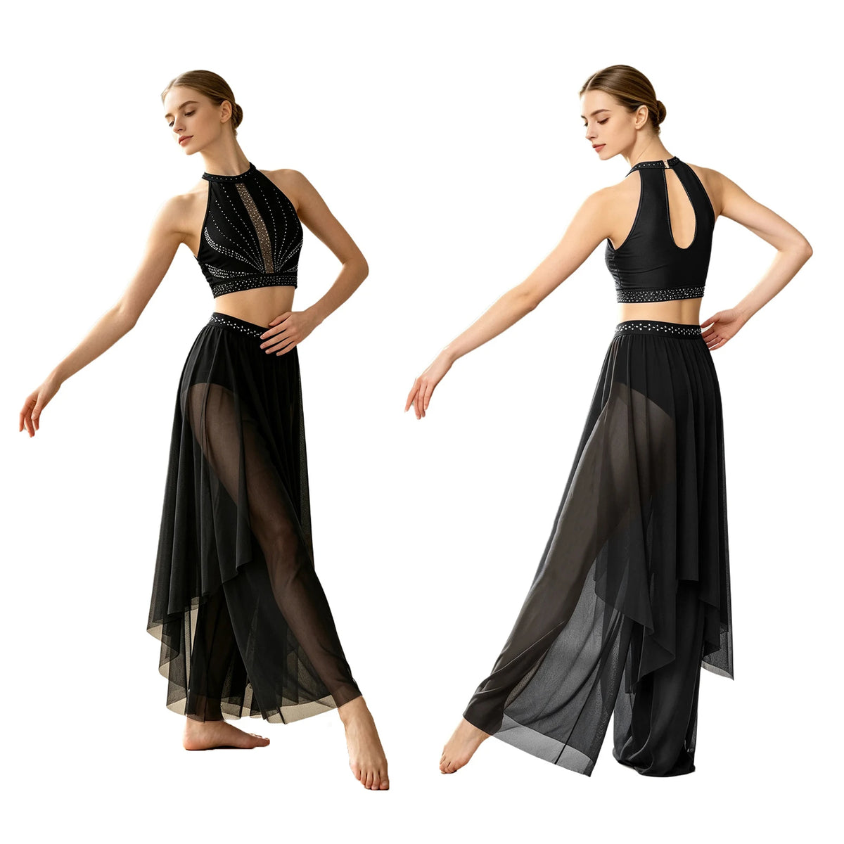 Women's Dance Performance Costume – Shiny Crop Top & Sheer Pants for Skating, Gymnastics & Ballet