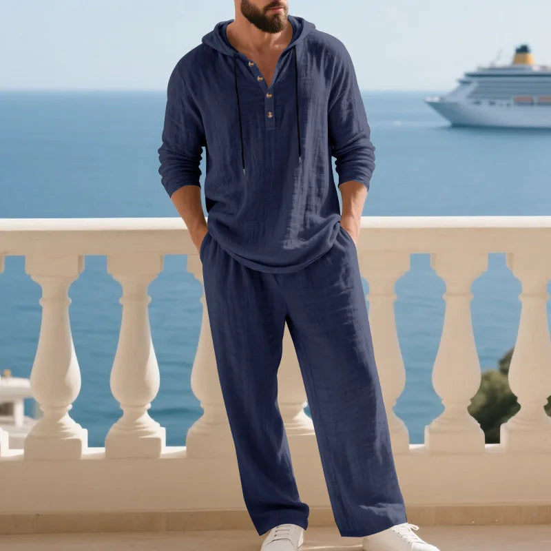 Men's Linen Casual Loose Hooded Henley Shirt & Long Pants Set – Relaxed Autumn 2-Piece Suit