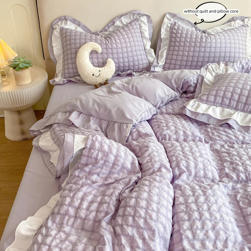 Korean Seersucker Lace Duvet Cover Set – 3-Piece Bedding, 3 Colors & 10 Sizes