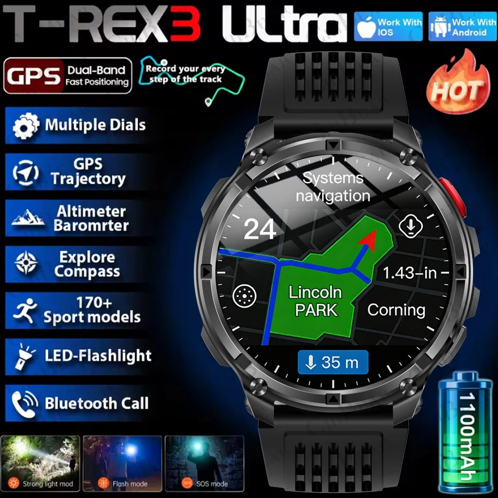 T-Rex3 Pro GPS Military Smartwatch – 1100mAh, 5ATM Waterproof, Sports Run Tracker & Compass