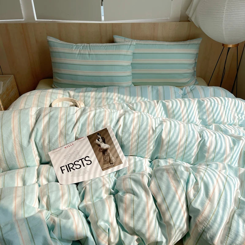 100% Cotton Stripe Bedding Set – Duvet Cover with Pillowcases, Twin to King