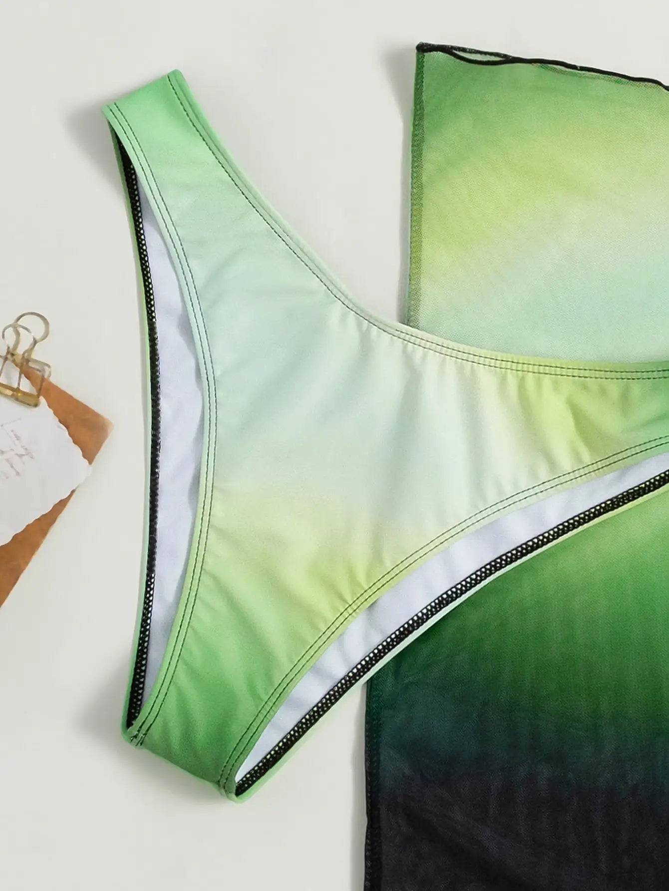 3-Piece Ombre High Neck Bikini Set with Beach Skirt — Green Women's Swimwear