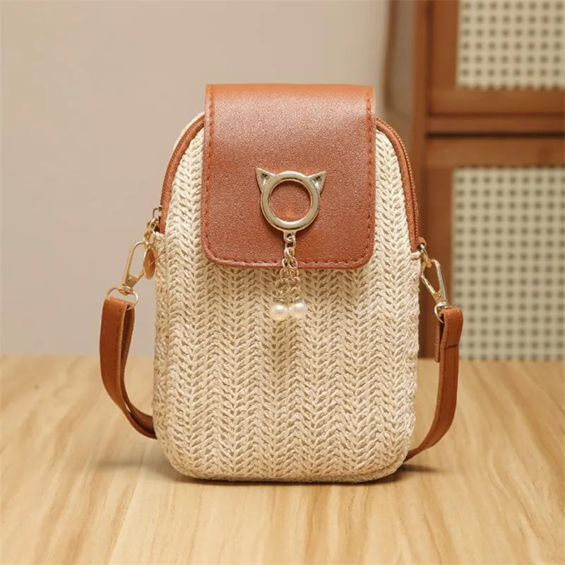 Woven Straw Shoulder Bag – Handwoven Crossbody Purse with Lock Closure for Women