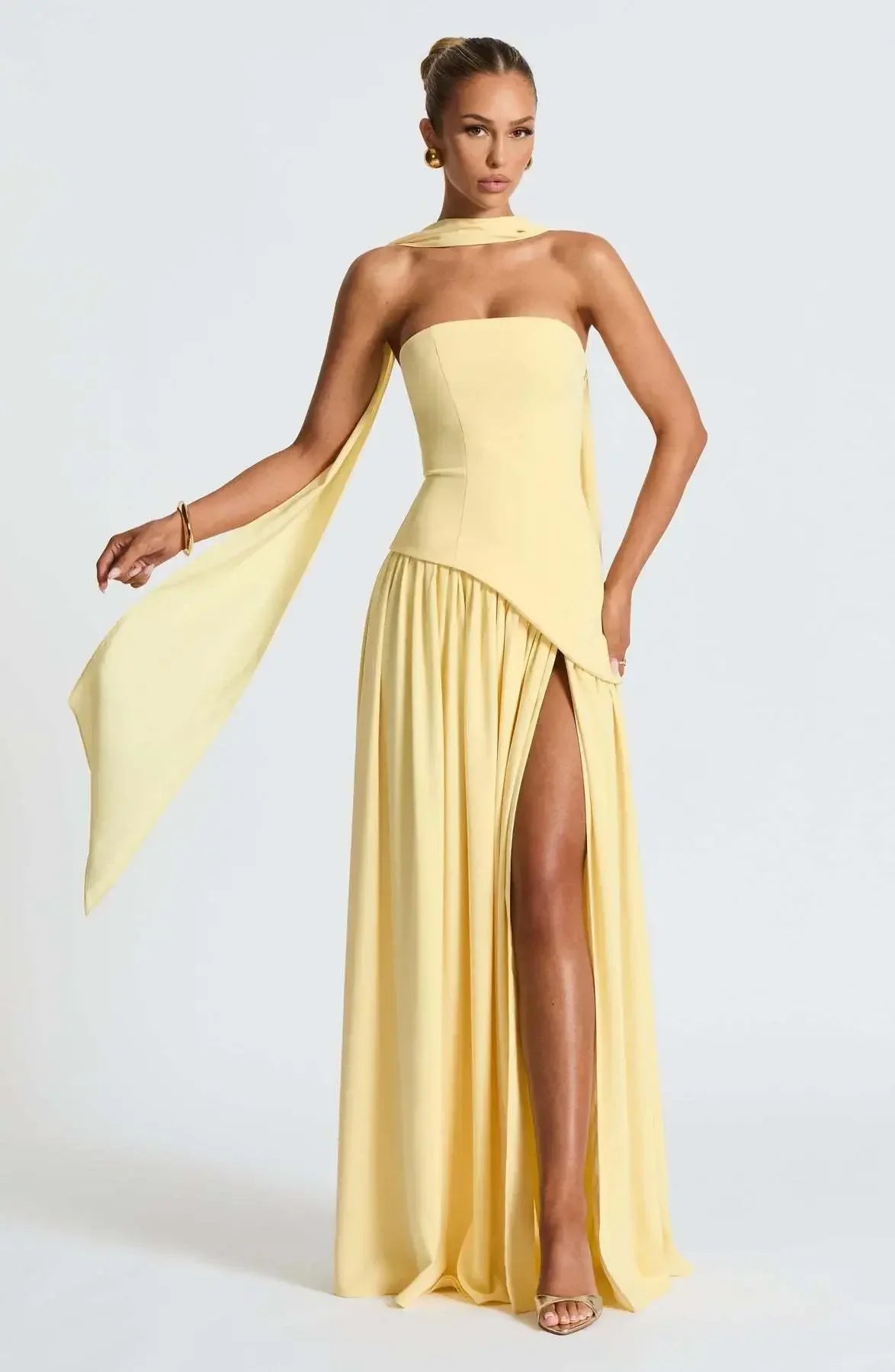 Pleated Off-Shoulder Maxi Dress — High Slit Scarf Slim Fit Evening Party Dress