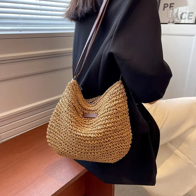 Woven Straw Crossbody Bag – Boho Beach Shoulder Bag for Women
