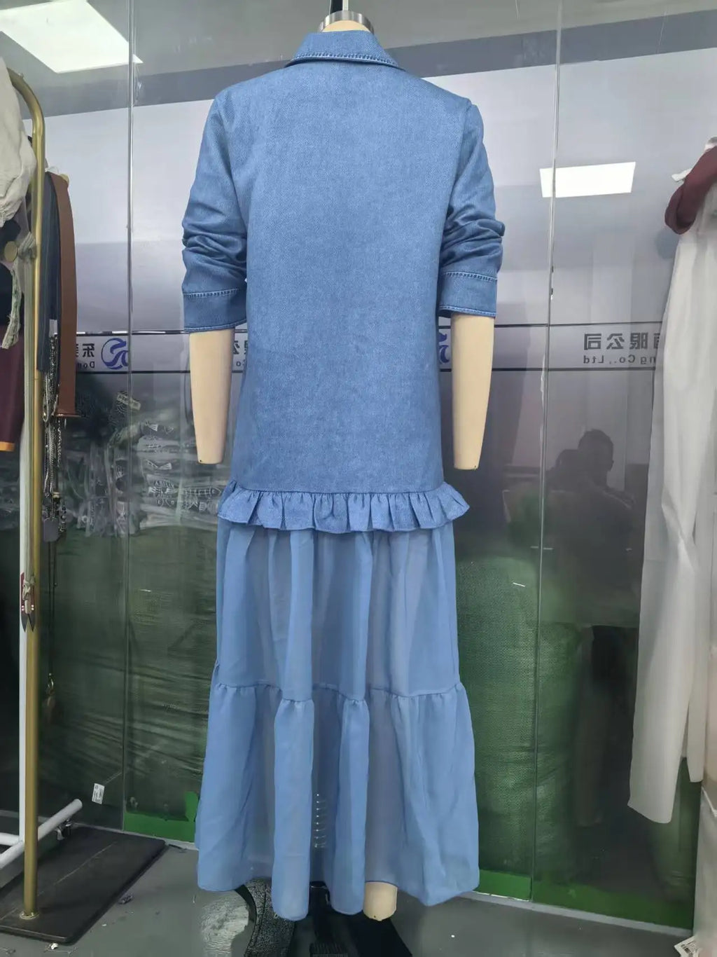 Denim Dress Women Dresses A Line Turn Down Collar Full Sleeve Ruffled Vintage Elegant Mesh Splice Work Causl Y2k Streetwear 2026