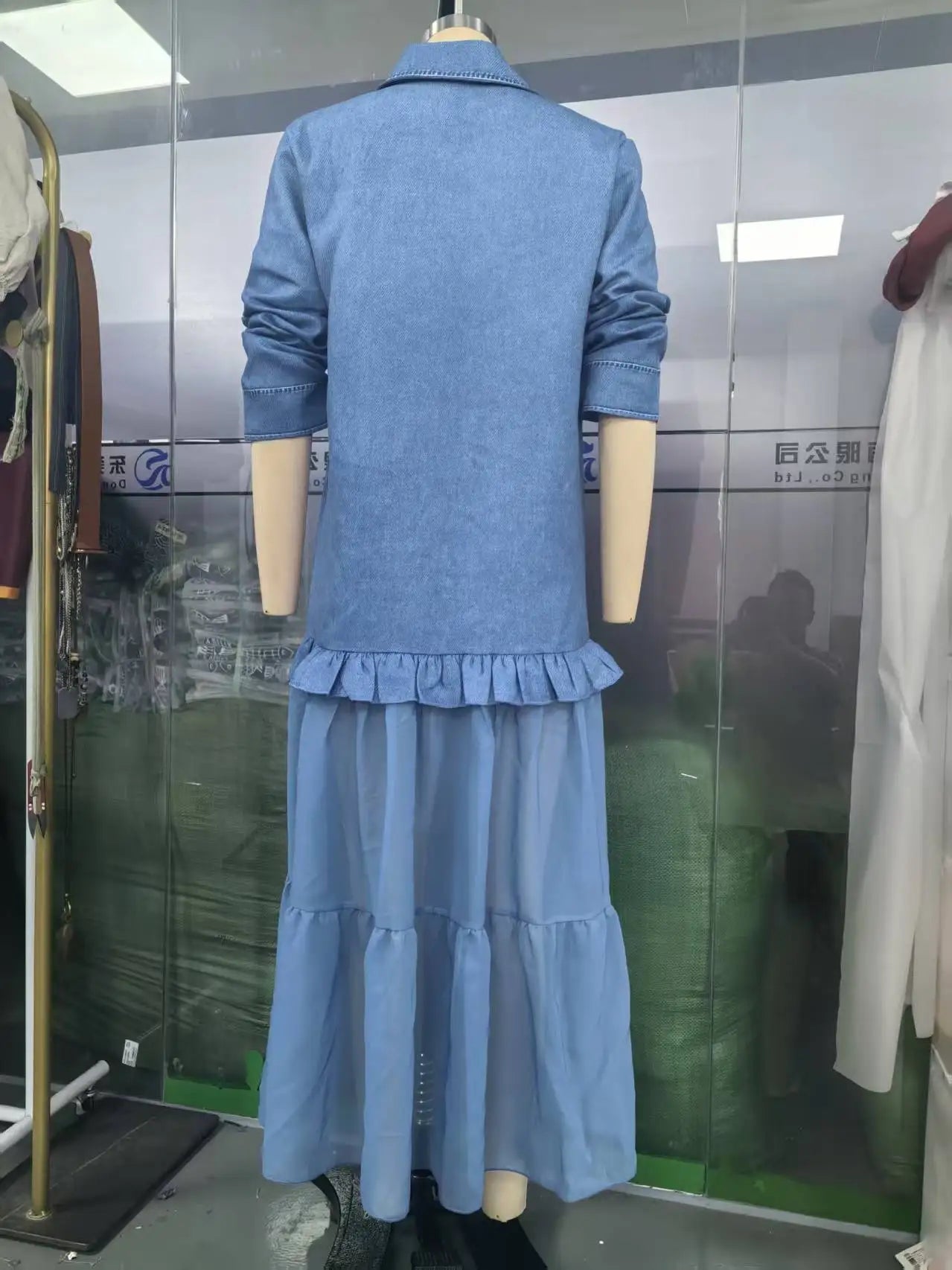 Denim Dress Women Dresses A Line Turn Down Collar Full Sleeve Ruffled Vintage Elegant Mesh Splice Work Causl Y2k Streetwear 2026