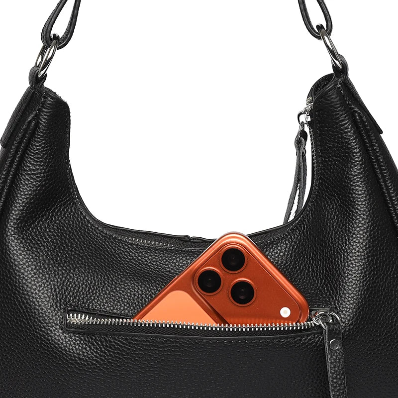 100% Genuine Cowhide Leather Half-Moon Underarm Tote Bag – Crossbody Shoulder Bag for Women