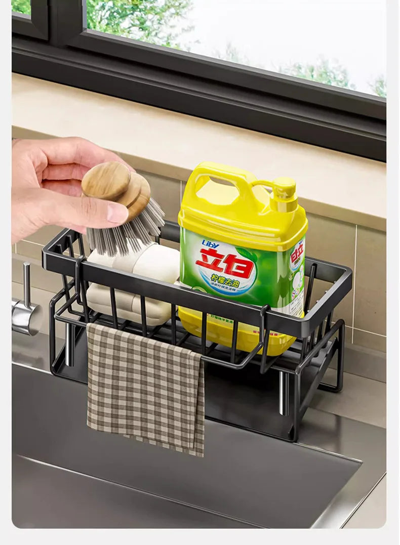 Kitchen Sponge Holder & Sink Drain Rack – Dish Cloth & Scrubber Organizer with Hanging Hook