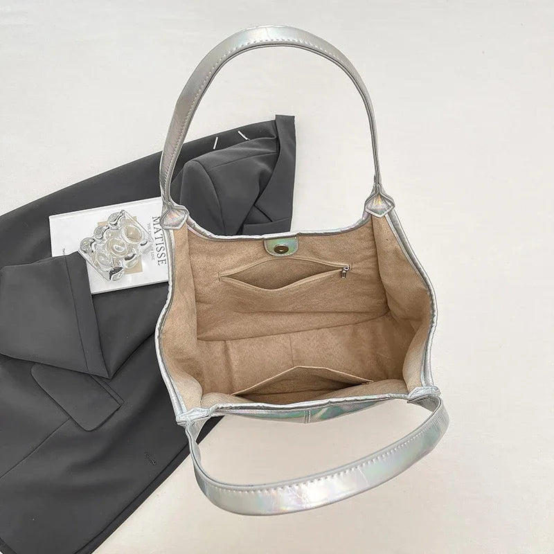 Silver TPU Large Capacity Tote Bag – Luxury Business Shoulder Handbag for Women