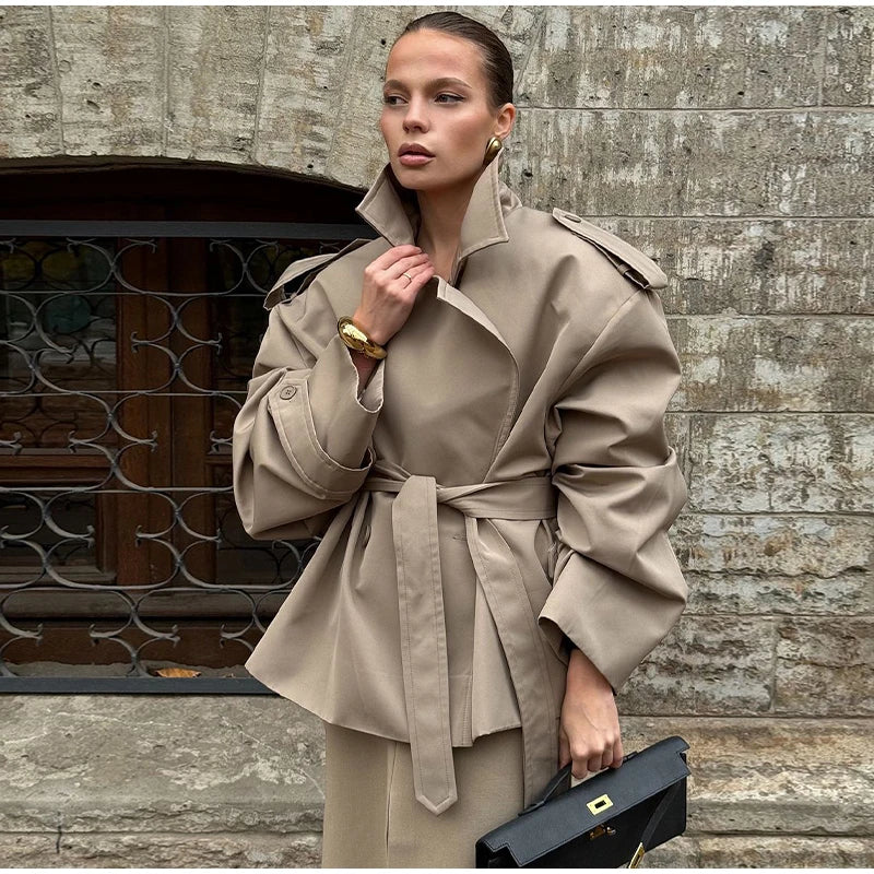 Women's Lace-Up Cropped Trench Coat – Wide Shoulder Windbreaker Jacket