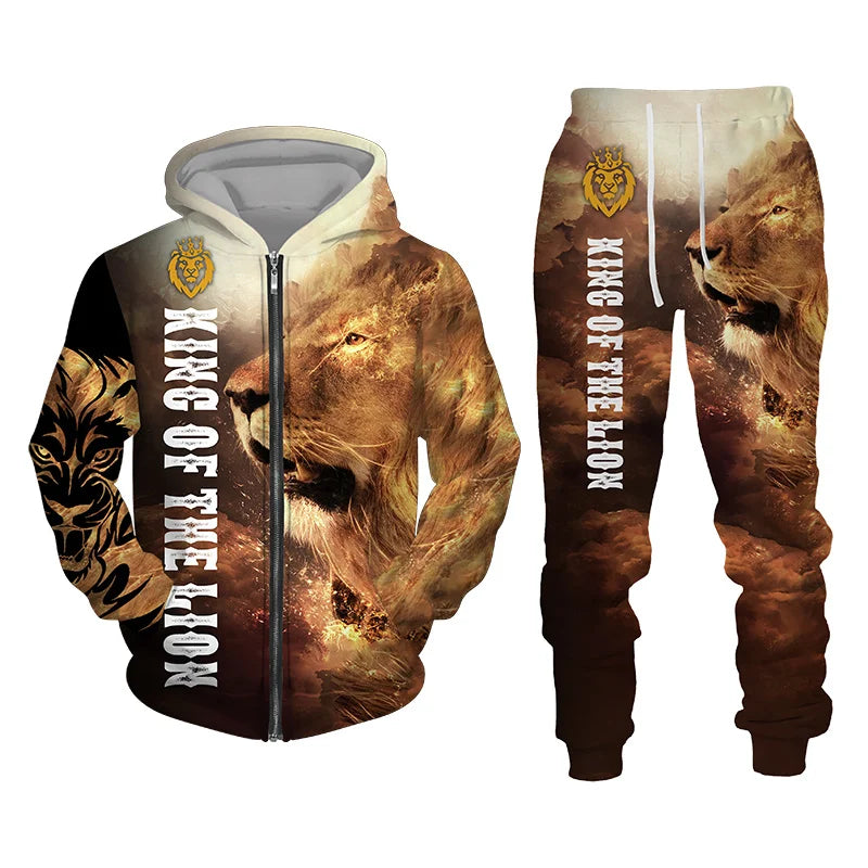 Men's 3D Lion Print Zip-Up Hoodie & Elastic Waist Pants Tracksuit Set