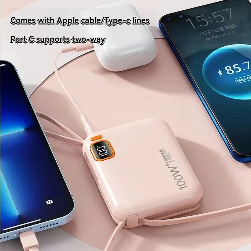 66W Portable Mini Power Bank 20000mAh – Built-in Cable, PD Fast Charging for iPhone & Android
