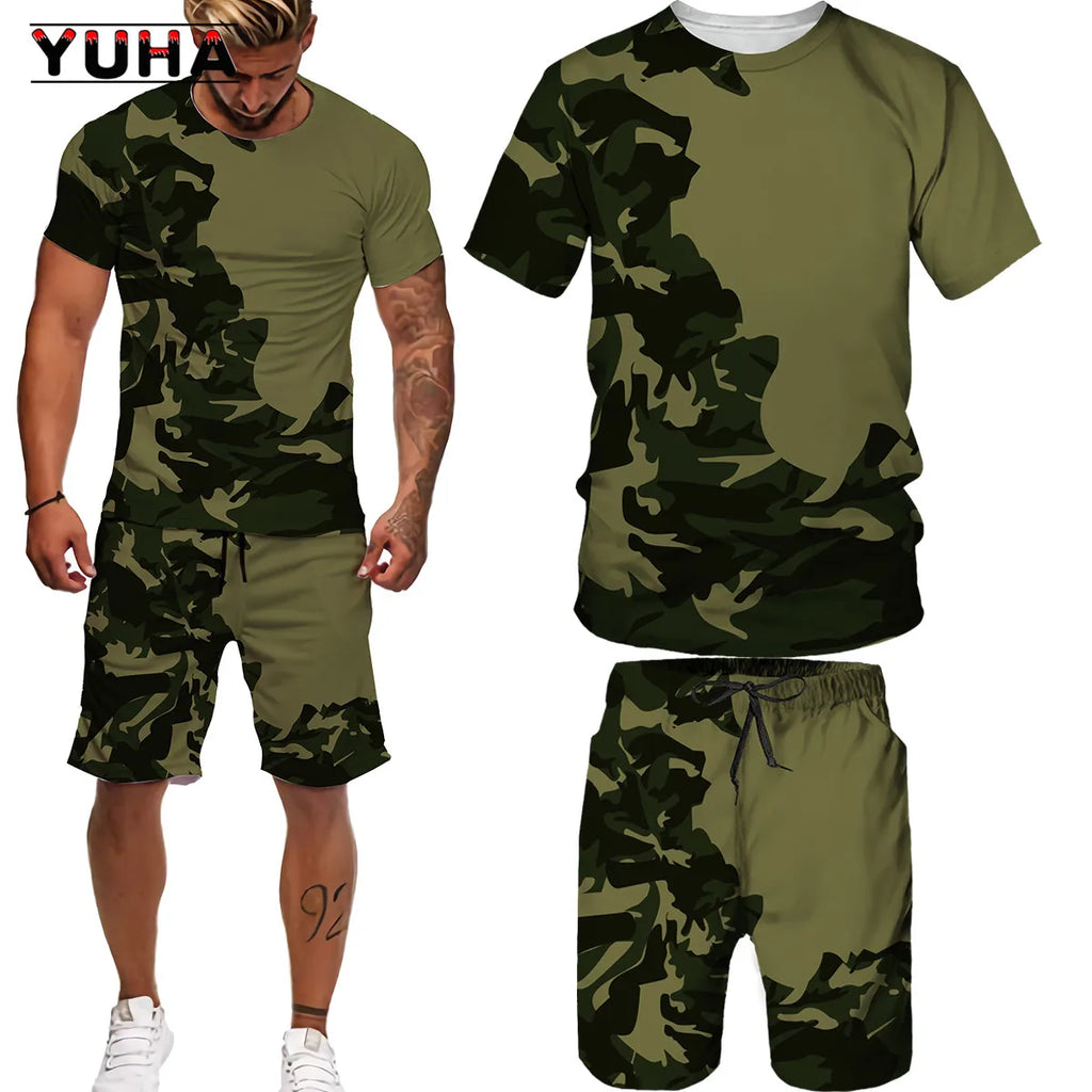 Men's Camouflage T-Shirt & Shorts Tracksuit Set – Outdoor Camping Hunting Sport