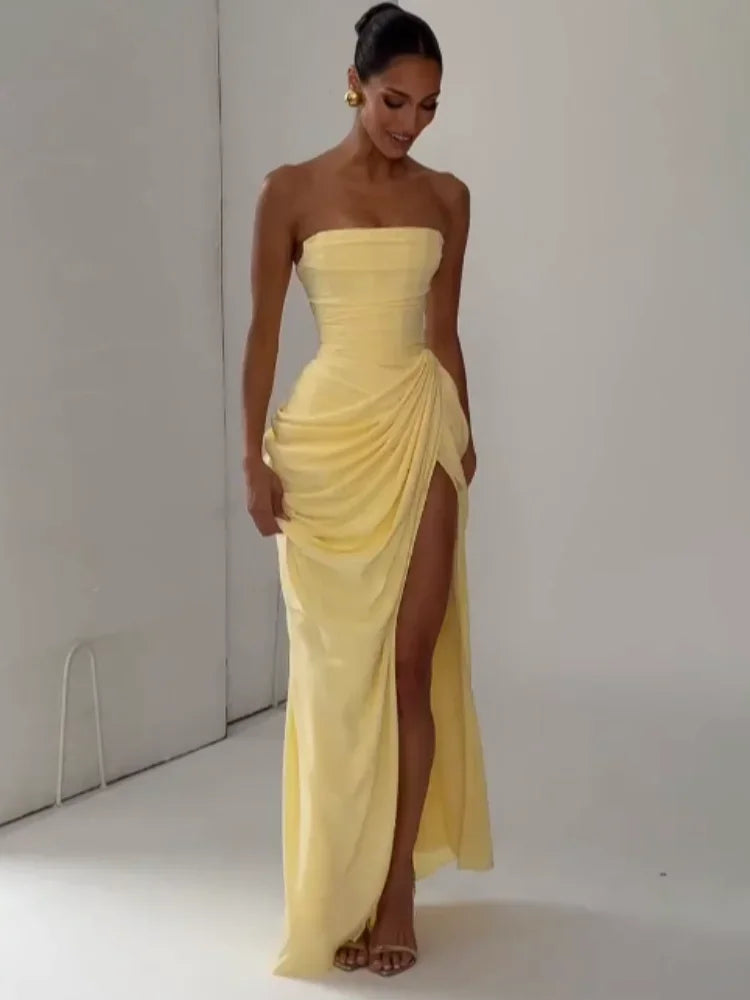 Elegant Yellow Strapless Pleated Maxi Gown — Waist-Cinching Split Evening Dress