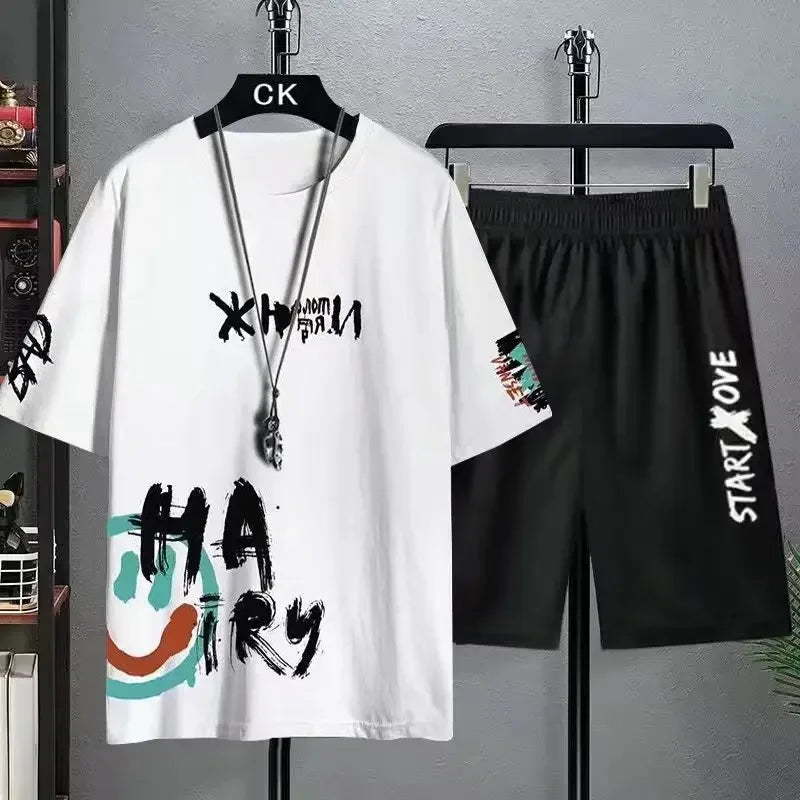 Men's Print Short Sleeve T-Shirt & Elastic Waist Shorts Casual Summer Set