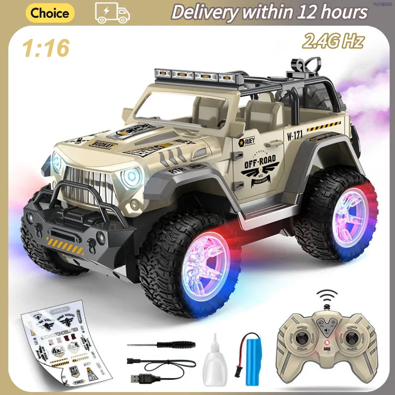 A 1:16 scale remote control toy off-road jeep in a desert sand color, shown with its remote control, accessories, and stickers on a white background with promotional text overlays.