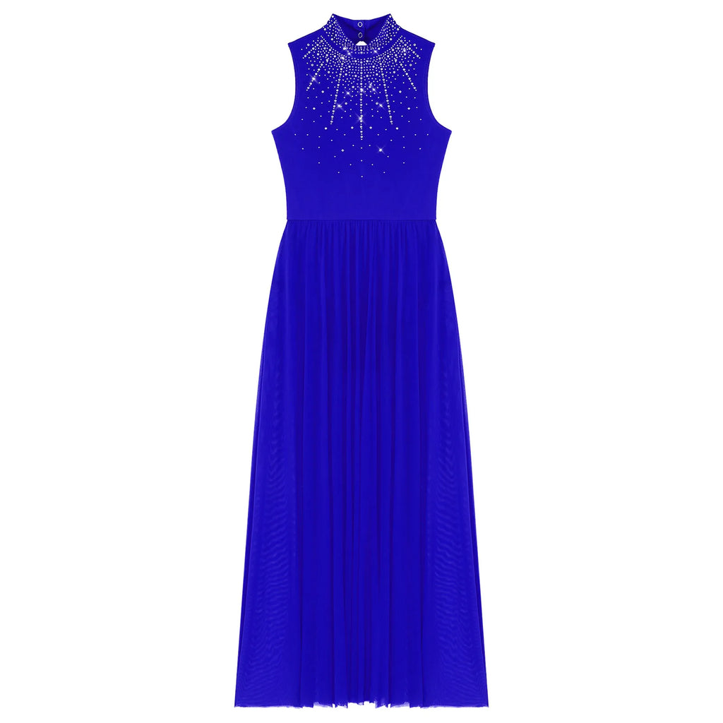 Rhinestone Maxi Sleeveless Contemporary Dance Dress — Mock Neck Wide Hemline Lyrical Leotard