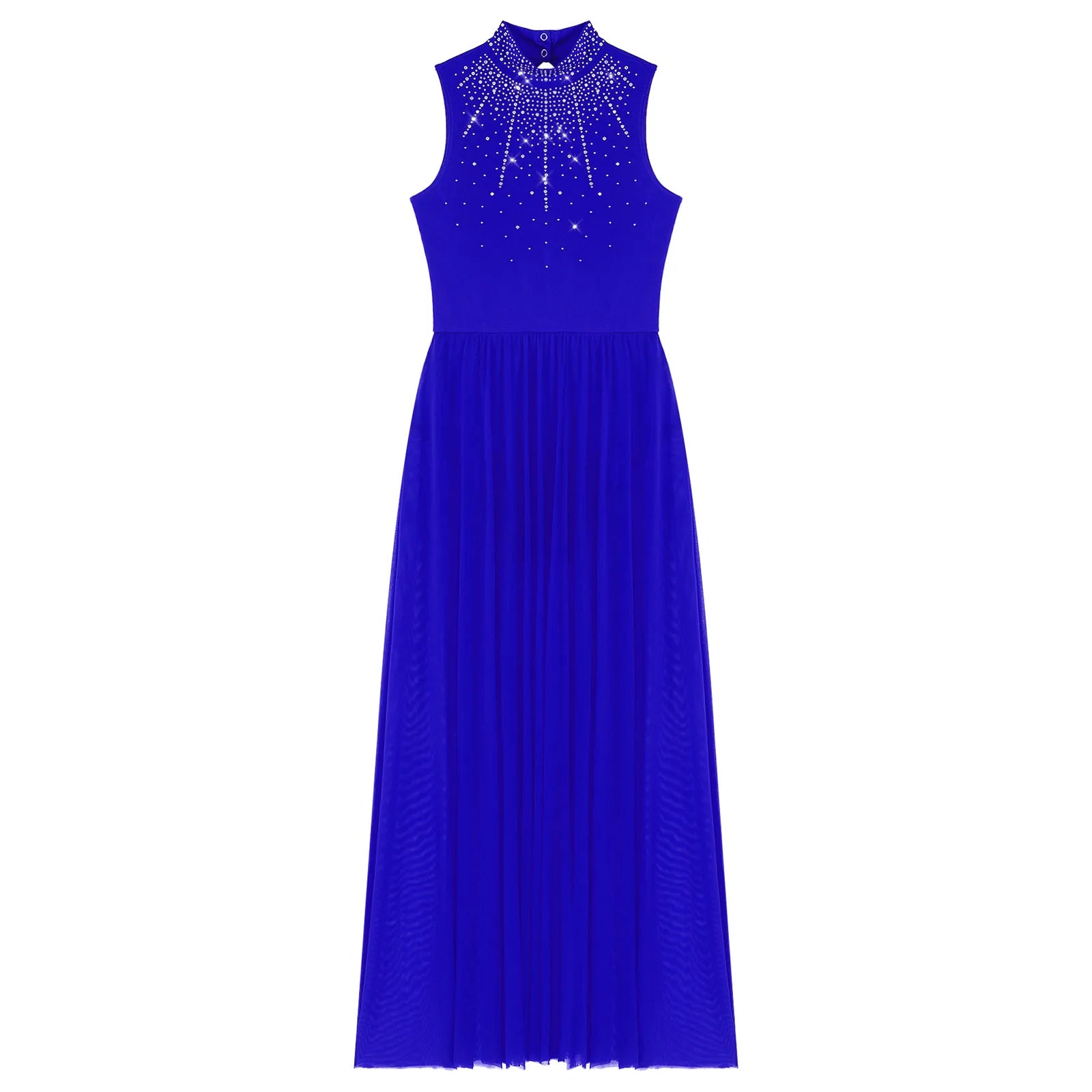 Rhinestone Maxi Sleeveless Contemporary Dance Dress — Mock Neck Wide Hemline Lyrical Leotard