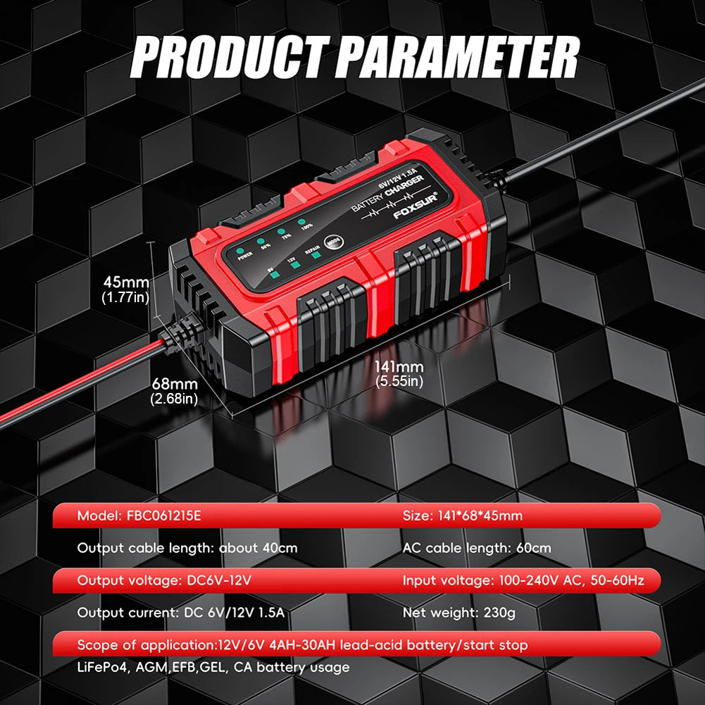 6V/12V 1.5A Smart Car & Motorcycle Battery Charger – Lead-Acid AGM GEL Charging Unit