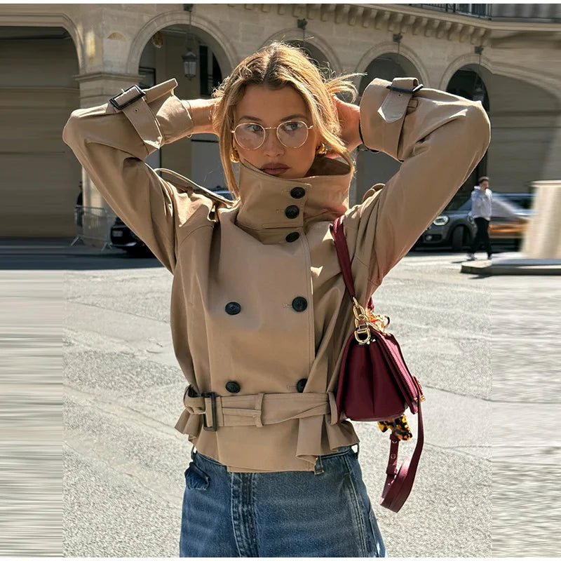 Women's Double-Breasted Cropped Trench Coat – Chic Vintage Office Jacket