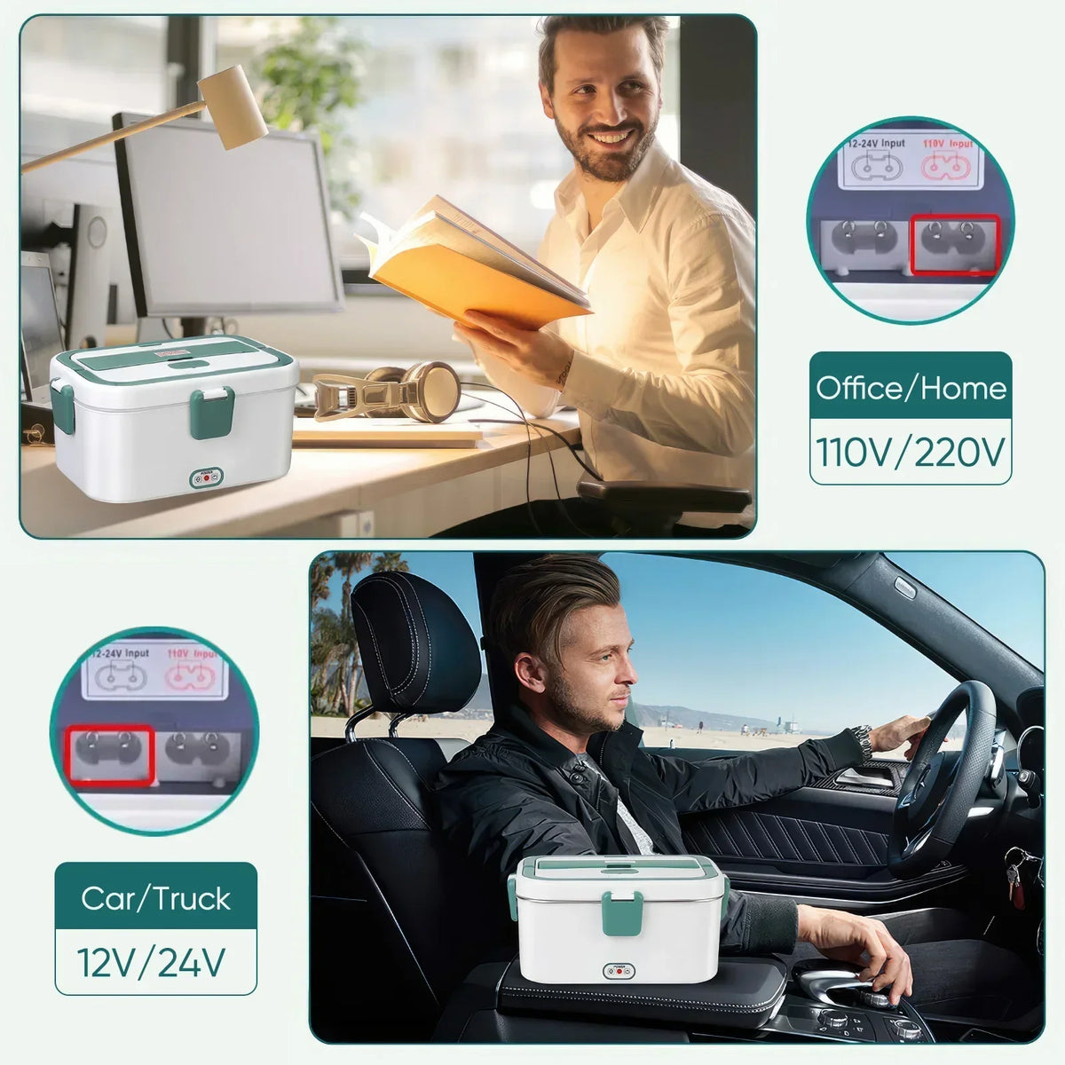 Collage of a man at a desk, a man in a car, and a product image with text indicating office/home and car/truck usage.