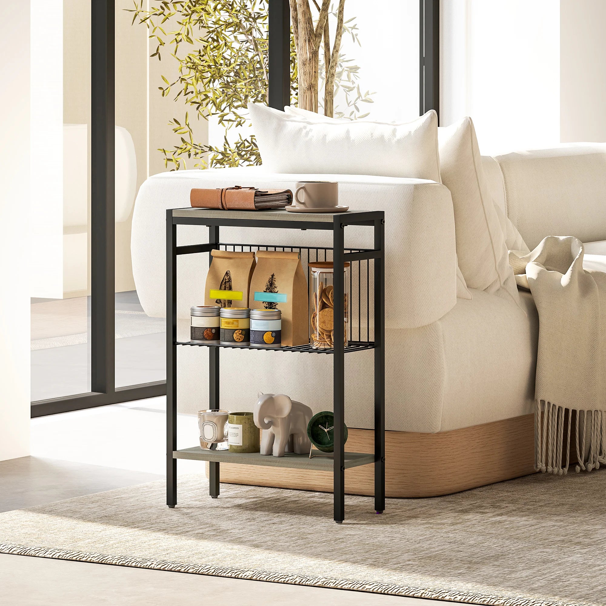 Homcom Narrow Side Table with 3 Levels with Open Shelves and Steel Structure for Living Room Bedroom 43X18X62.5Cm
