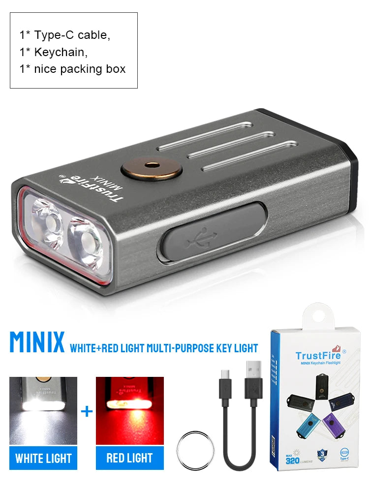 TrustFire MINIX – 320 Lumen Dual-Source Keychain EDC Flashlight, White + UV/Red, Type-C, IP66, Memory Mode