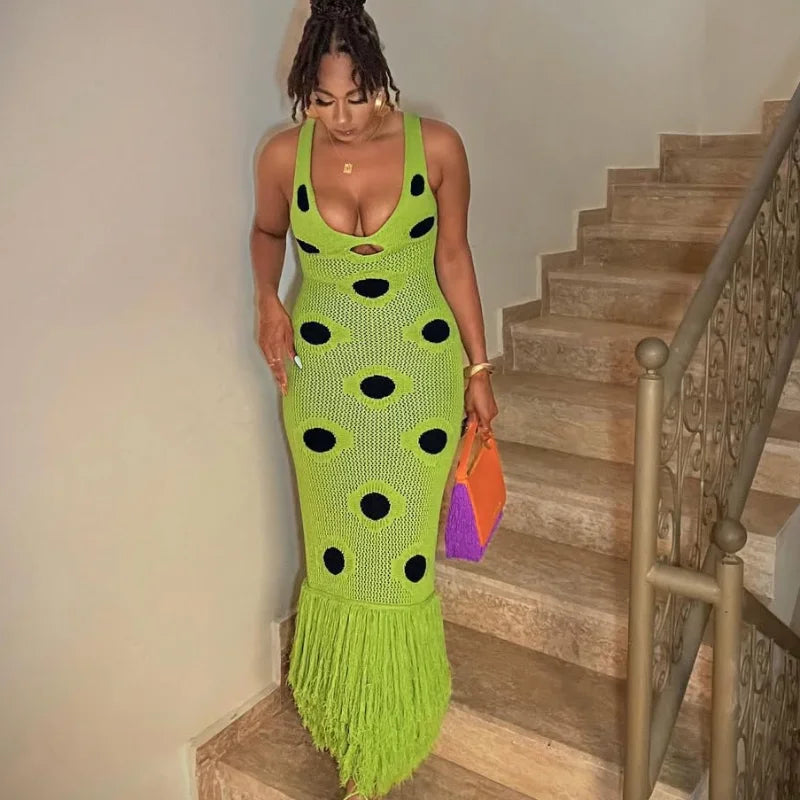Women's Sexy See-Through Knitted Maxi Dress | Hollow Out Deep-V Tassel Hem Party Gown