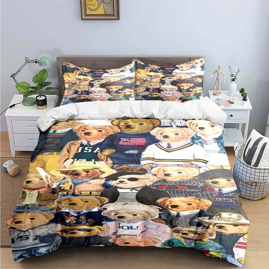Cute Bear Print Bedding Set – Duvet Cover & Bed Linen, Single to King, Adults & Teens