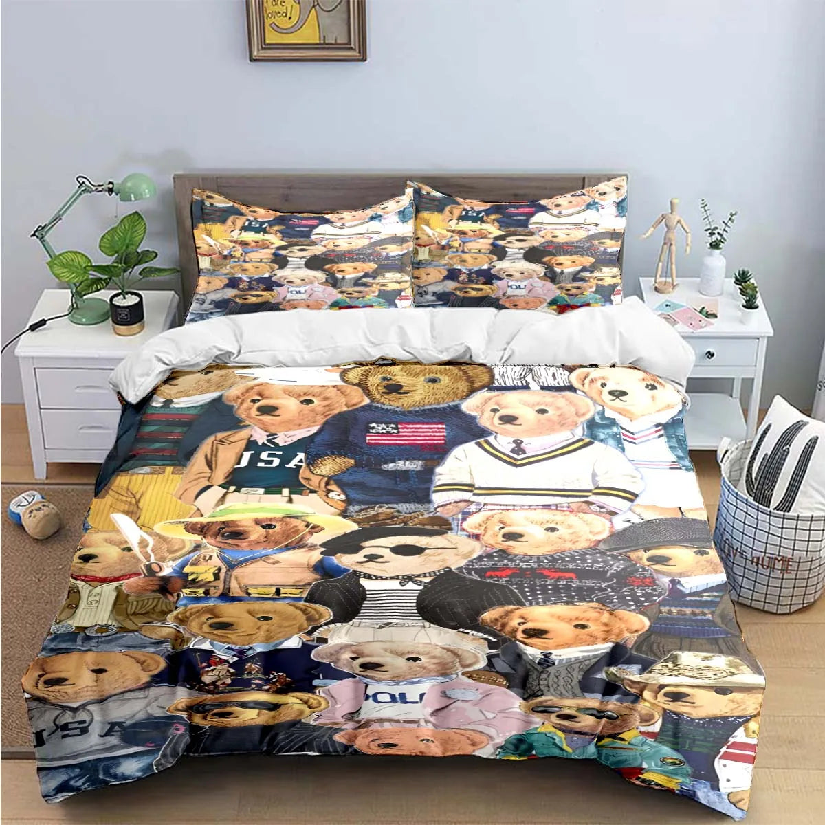 Cute Bear Print Bedding Set – Duvet Cover & Bed Linen, Single to King, Adults & Teens