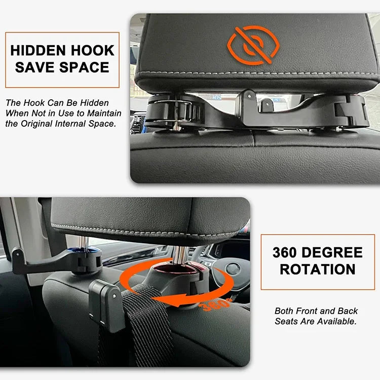 Car cup holder with 360-degree rotation feature and hidden hook design.
