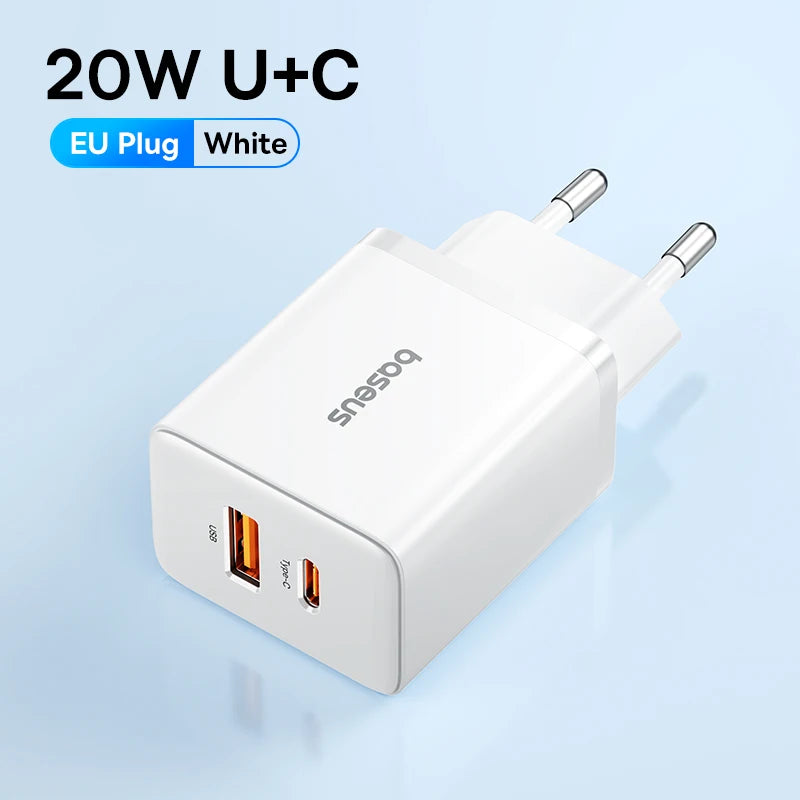 Baseus 20W USB-C Fast Charger — Compact PD Wall Adapter for iPhone & Android