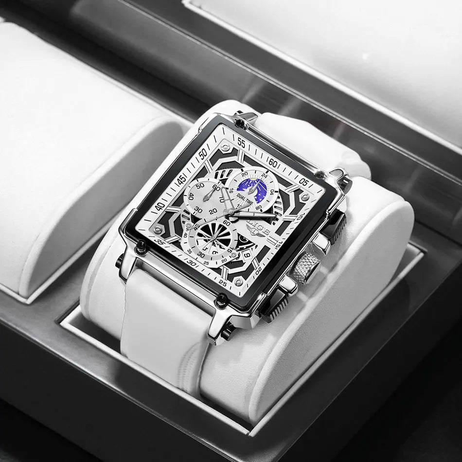 LIGE Men's Hollow Square Sport Watch | Fashion Silicone Strap Waterproof Quartz Wristwatch with Box
