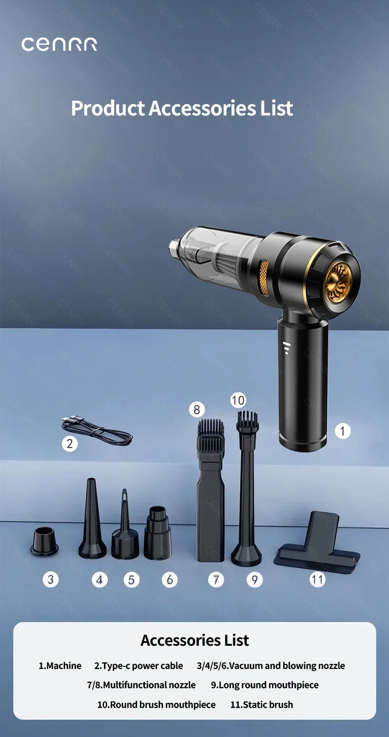 CENRR Wireless Car Vacuum Cleaner — 3-Gear Brushless Motor, 6000mAh, 9 Accessories, USB-C Charging