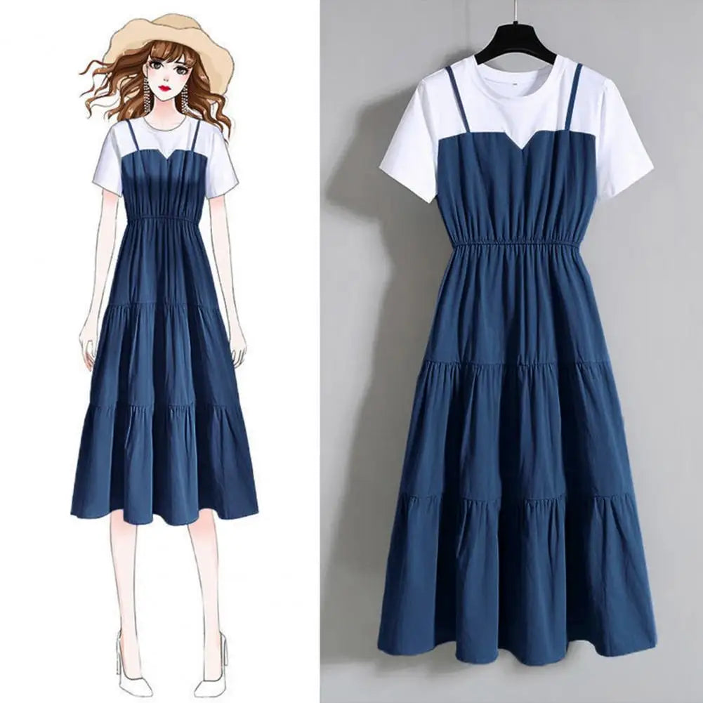 Women's Fake Two-Piece Color Block Summer Dress – Short Sleeve Waist Tight Strap Dress