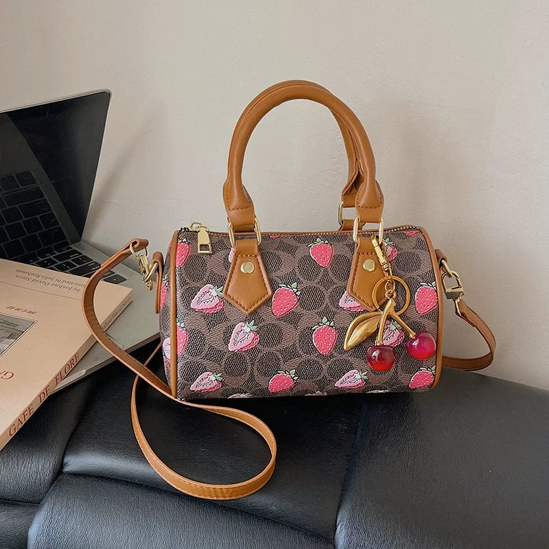 Cherry Print PU Leather Boston Crossbody Shoulder Bag – Luxury Designer Handbag for Women