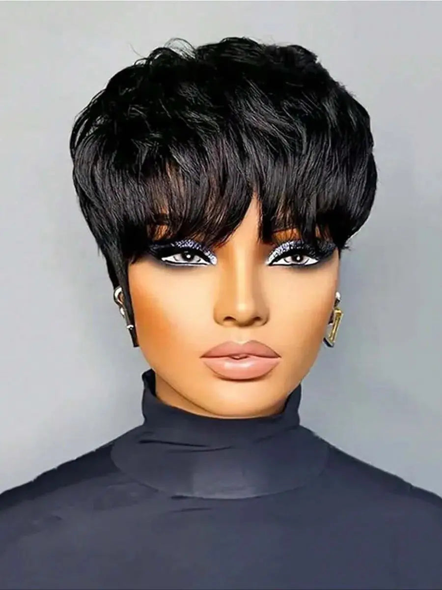 Short Pixie Cut Bob Wig for Black Women | Glueless Synthetic Lace Front Wig with Bangs