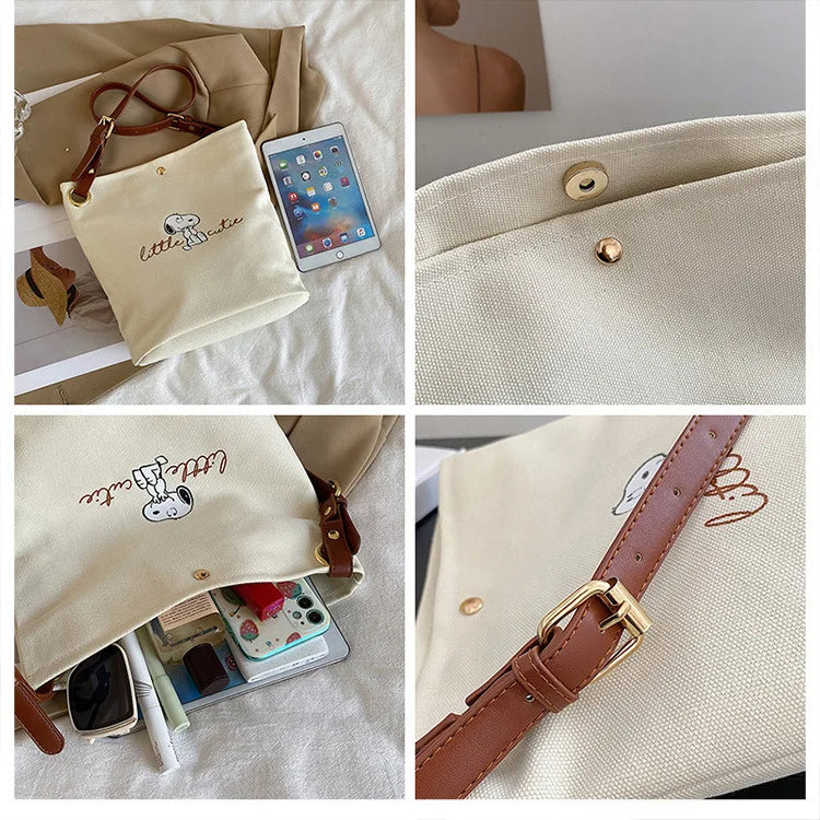 Snoopy Canvas Bucket Bag – Cute Letter Print Crossbody Shoulder Bag for Women