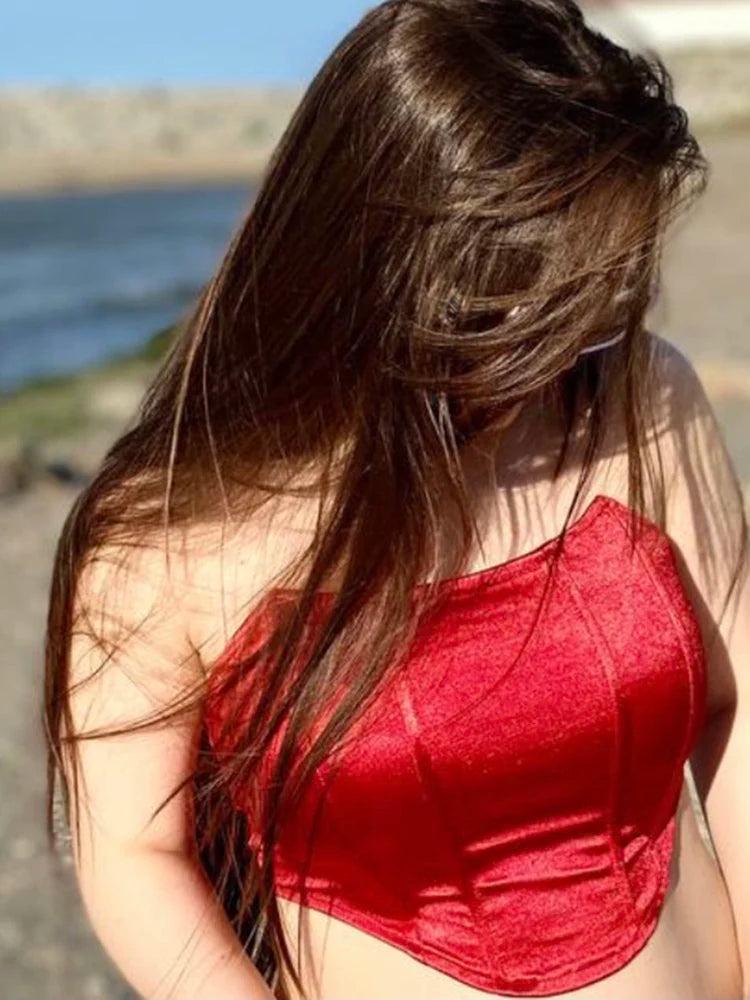 Women's Off-Shoulder Corset Crop Top – Sleeveless Backless Bustier Vest in Red, Black & Pink