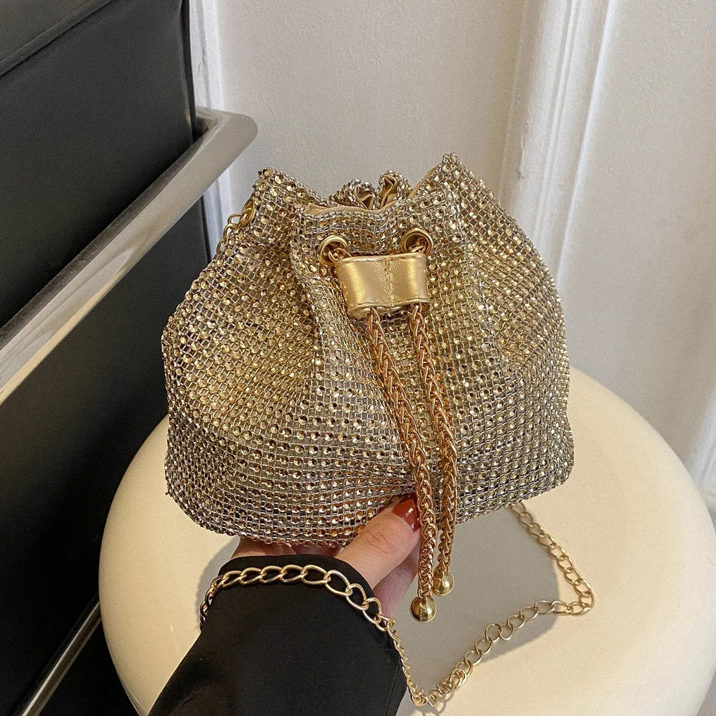 Sparkling Rhinestone Embellished Drawstring Crossbody Bag, Multi-Functional Bucket Purse, Formal Handbag for Women Daily Commute