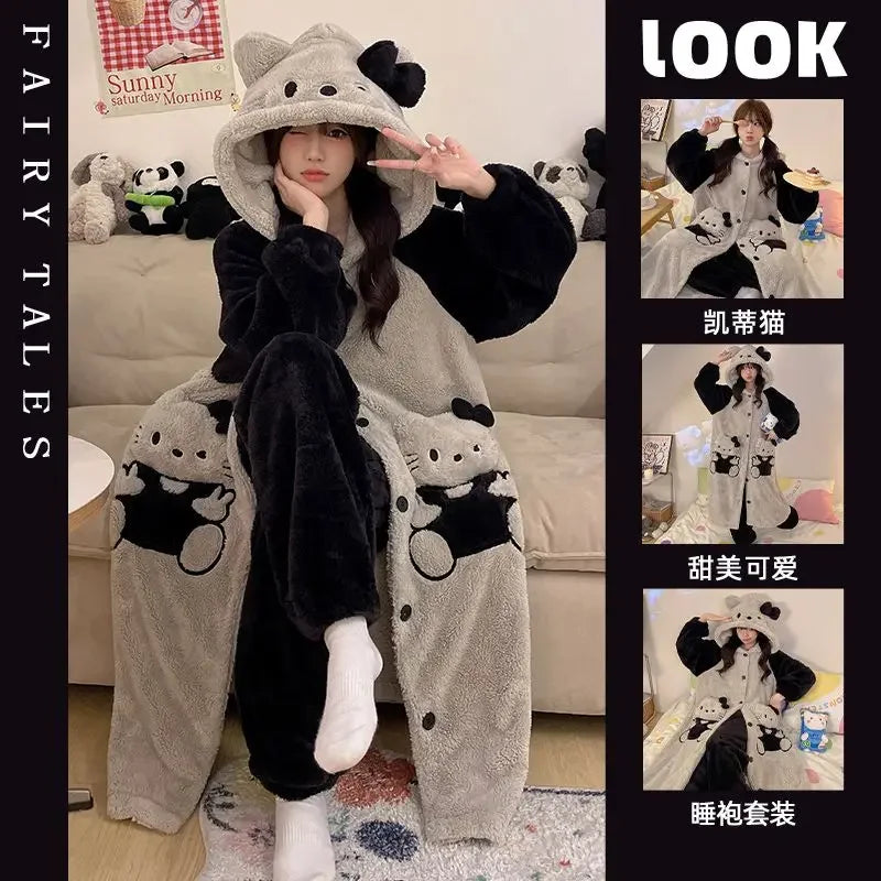 Women's Kawaii Coral Velvet Hooded Pajamas | Thickened Flannel Casual Homewear Suit